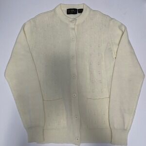 Vintage Women's Cream Cableknit Cardigan L Preppy Cottagecore Coquette Fisherman